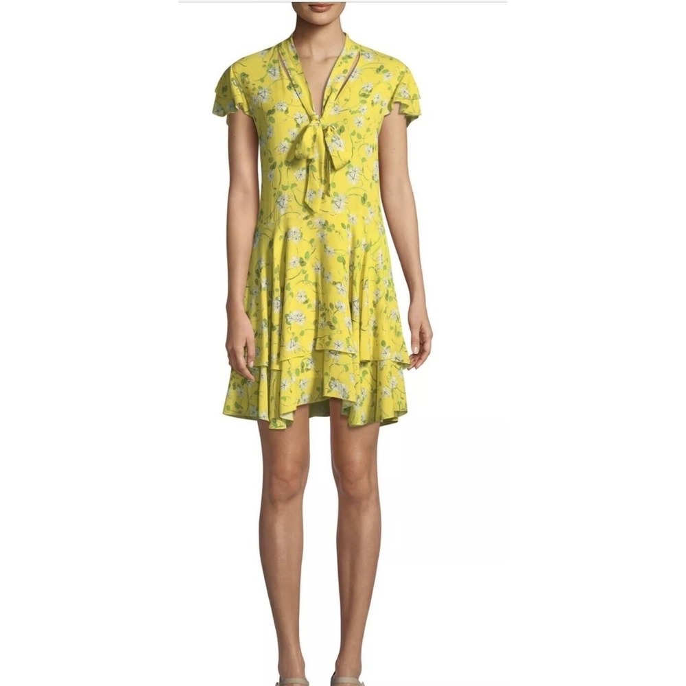 Alice + Olivia Yellow Floral Ruffle Tie Neck Mini Dress CC804P08504 Size 4